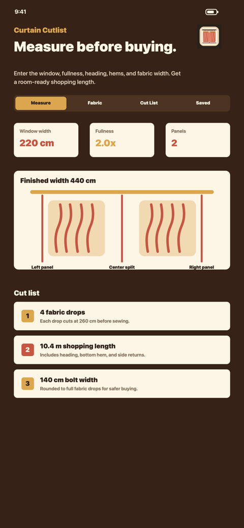 Curtain Cutlist fabric calculator screen